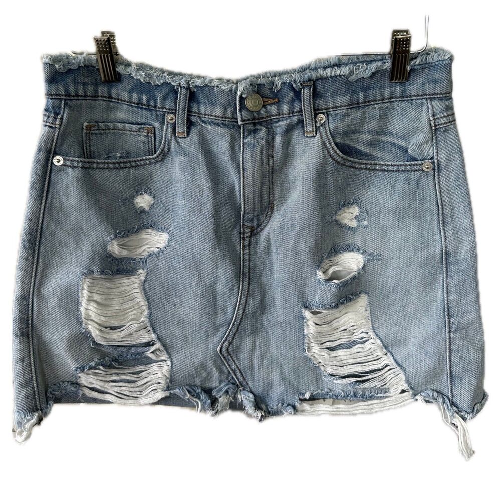 Express Distressed Ripped Frayed Hem Light Wash Denim Jeans Mini Skirt 8
